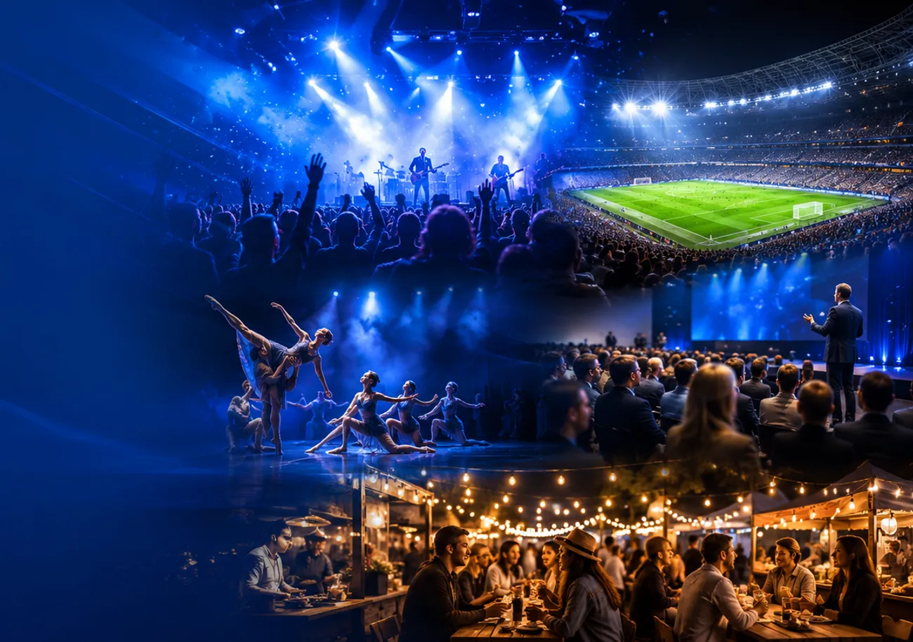Colagem de eventos: show de música, estádio lotado, espetáculo de dança, palestra e festival ao ar livre